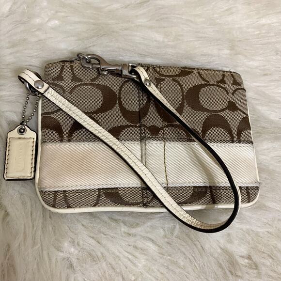 COACH Small Vintage Khaki/White SIS Signature Stripe Wristlet F45608 - Picture 11 of 11
